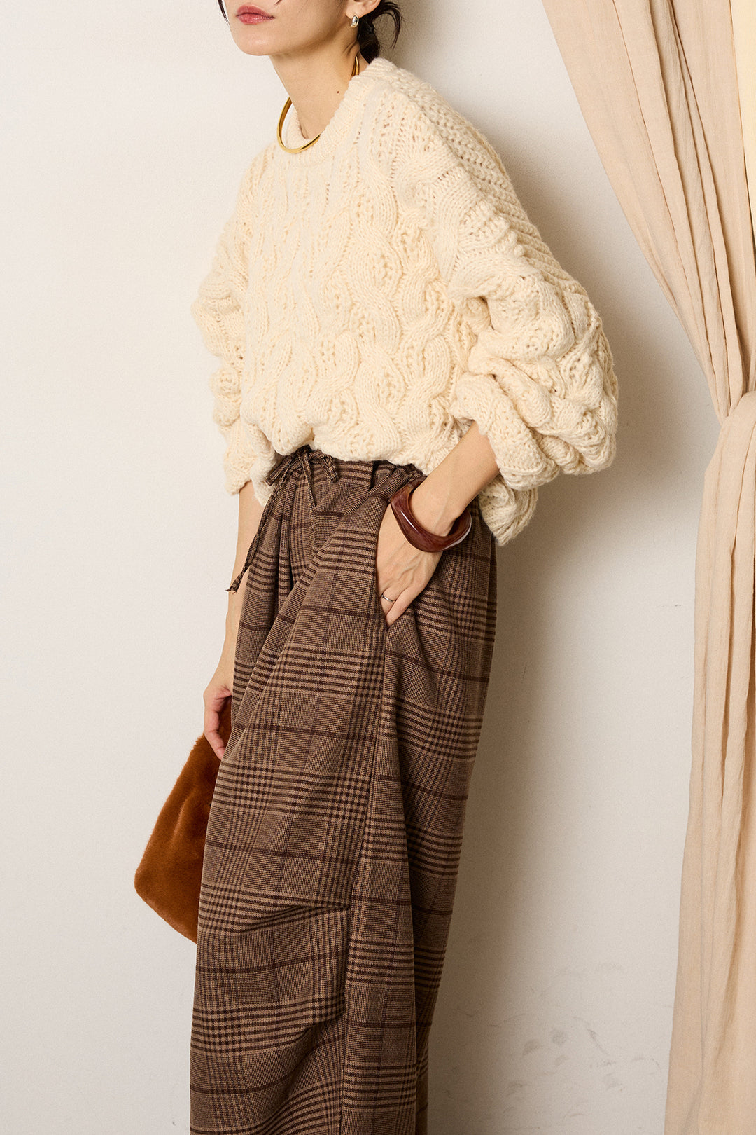 [SET]ケーブルリラックスショートニット+グレンチェックルーズタックパンツ(2set)