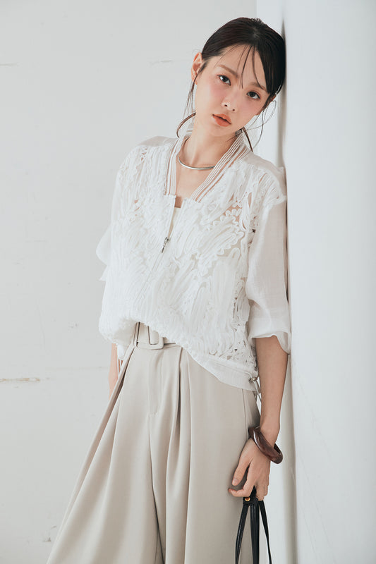 【着回しセット】[SET]モチーフ付きシアーブルゾン+ベルト付きツータックワイドパンツ+モチーフ付きシアーブルゾン(3set)