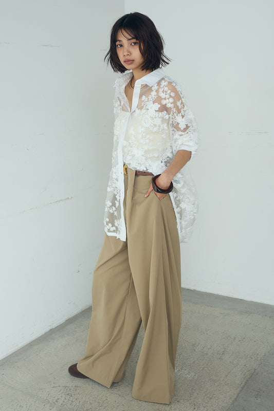 【着回しセット】[SET]リサイクルポリニュアンス釦カーデ+立体フラワー刺繍レースシャツ+ベルトループデザインハイウエストタックパンツ(3set)