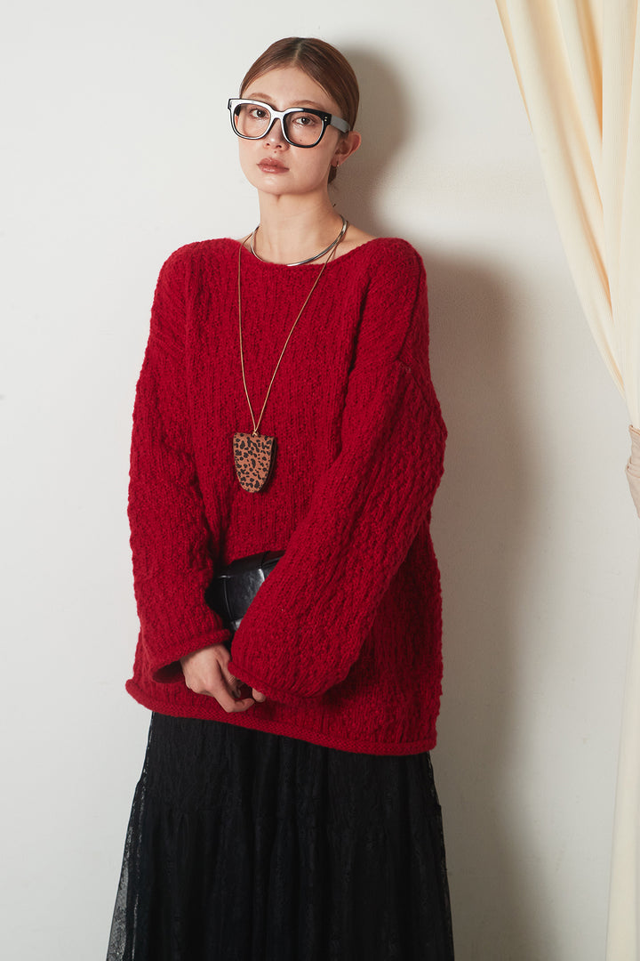 [SET]ボリューム編みニットプルオーバー+ひげレース切替ロング丈スカート(2set)