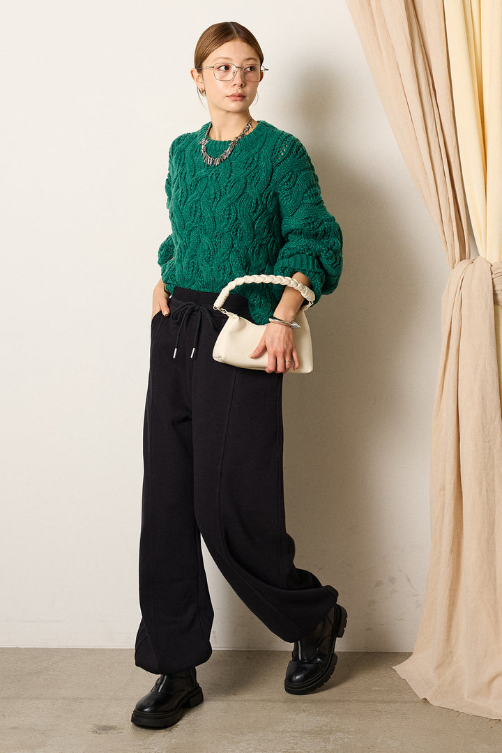 [SET]ケーブルリラックスショートニット+スウェットワイドカーブパンツ(2set)