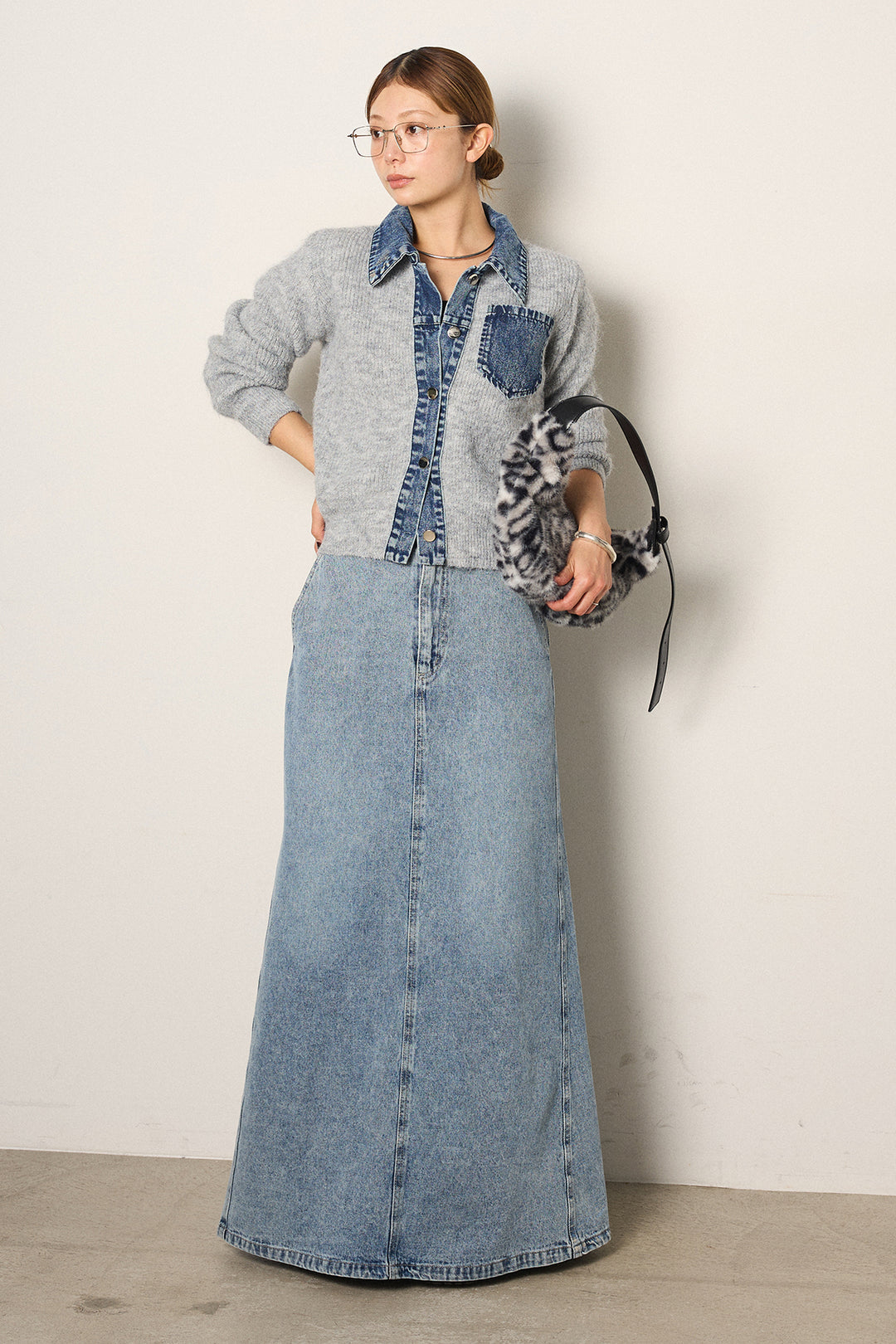 [SET]襟付きデニム切替ニットカーディガン+デニムロングフレアスカート(2set)