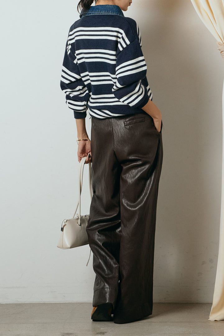 [SET]デニムレイヤード風ランダムボーダーニットプルオーバー+ベルト付きレザーライクタックパンツ(2set)