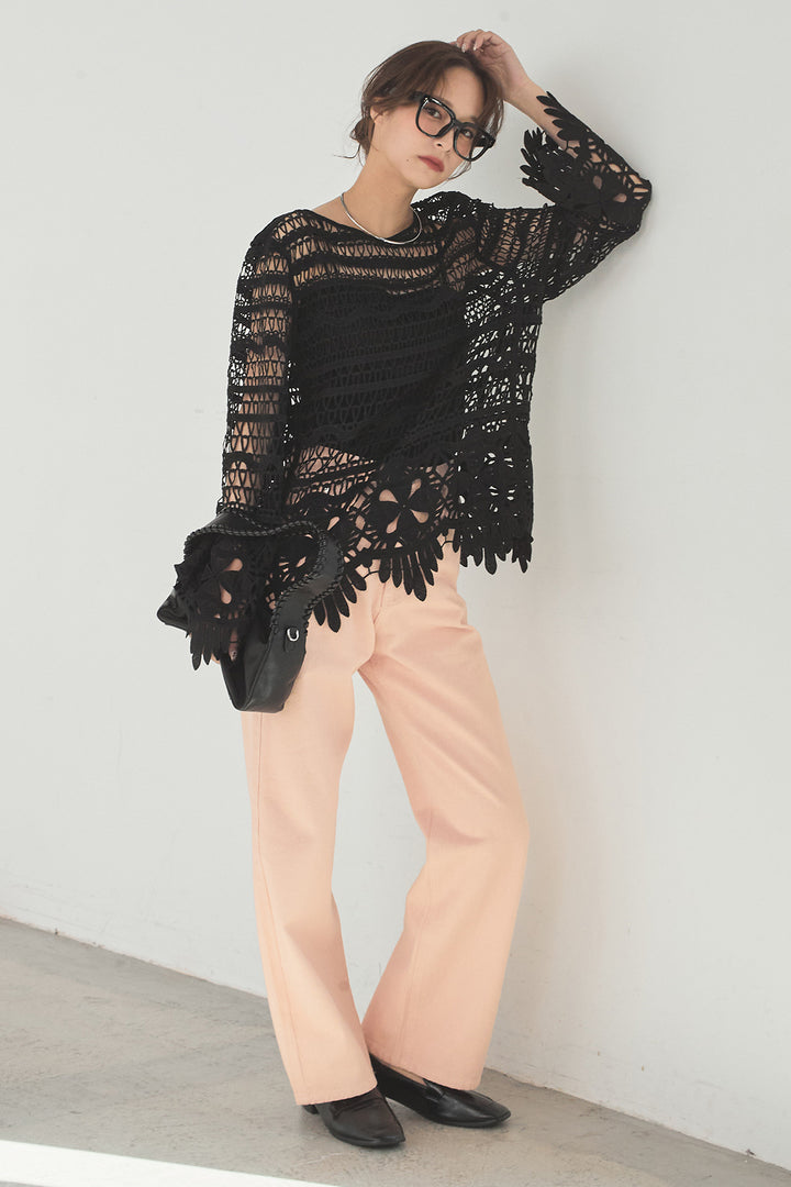 [SET]裾デザインメッシュプルオーバー+スプリングカラーデニムパンツ(2set)