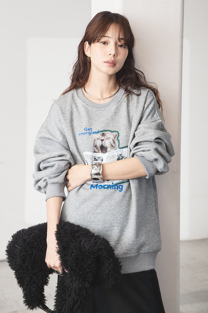 [SET]裏起毛モーニングキャットプリントスウェット+裾レースデザインサテンスカート(2set)