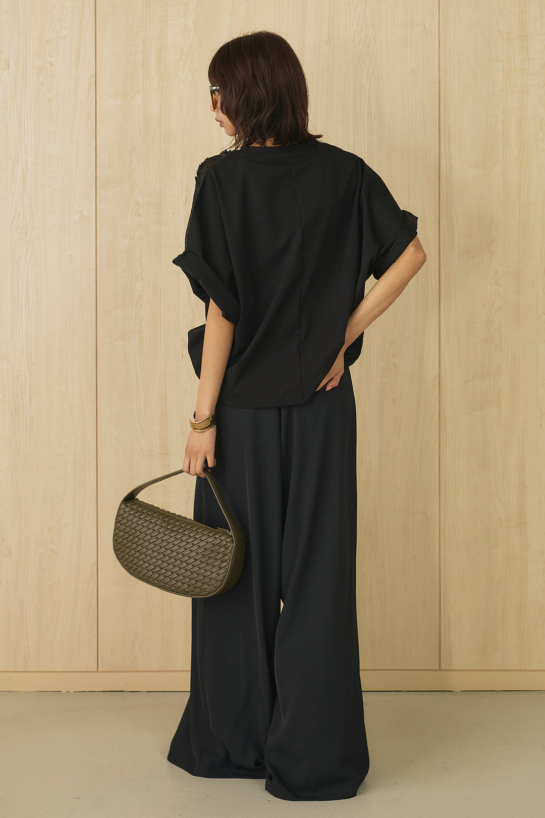 [SET]ショルダーシフォン刺繍カットソー+ドレープベルトループワイドパンツ(2set)