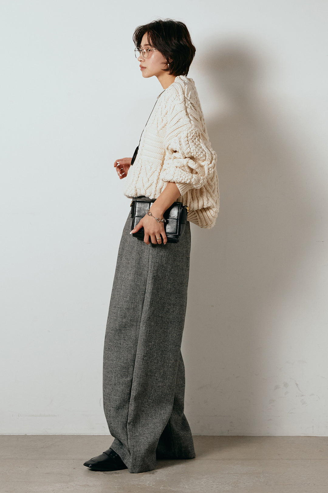 [SET]アラン柄ミックスケーブルニット+サイドボタンツイードタックパンツ(2set)