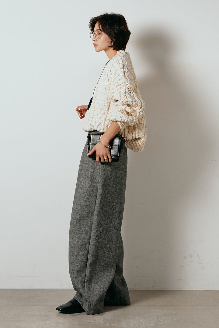 [SET]アラン柄ミックスケーブルニット+サイドボタンツイードタックパンツ(2set)