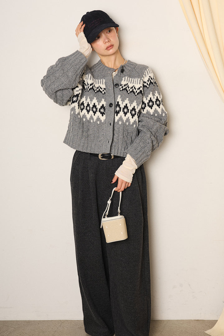 [SET]2WAY求心柄ジャガードショートカーディガン+起毛タック入りツイードワイドパンツ+2WAY袖コード刺繍クルーネックプルオーバー(3set)