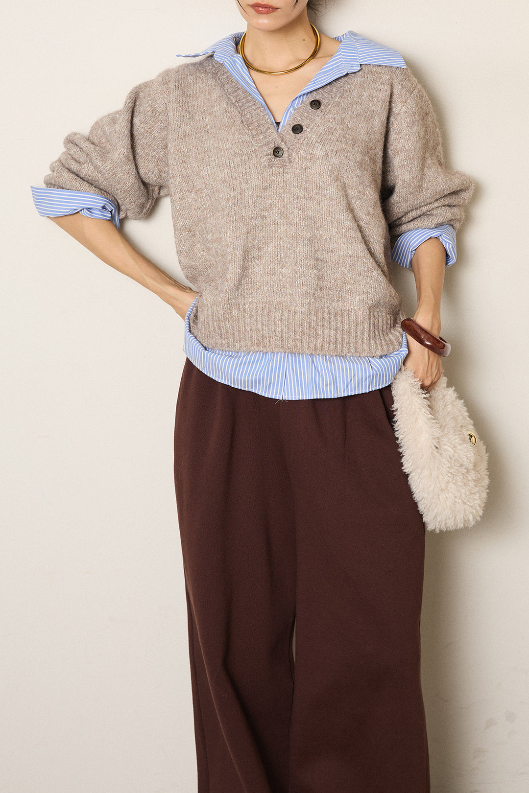 [SET]ストライプシャツドッキングニットポロトップス+裏起毛スウェットワイドパンツ(2set)