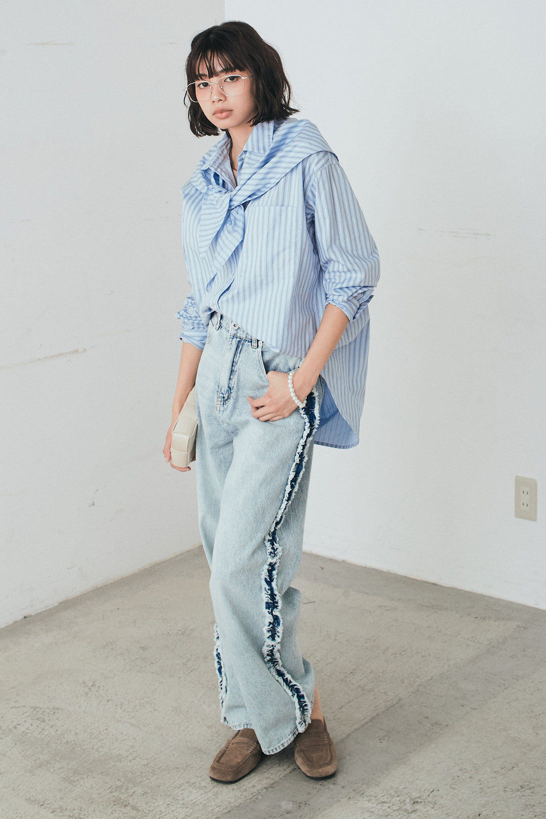 [SET]ランダムストライプスカーフ付きシャツ+デニムサイドフリルパンツ(2set)
