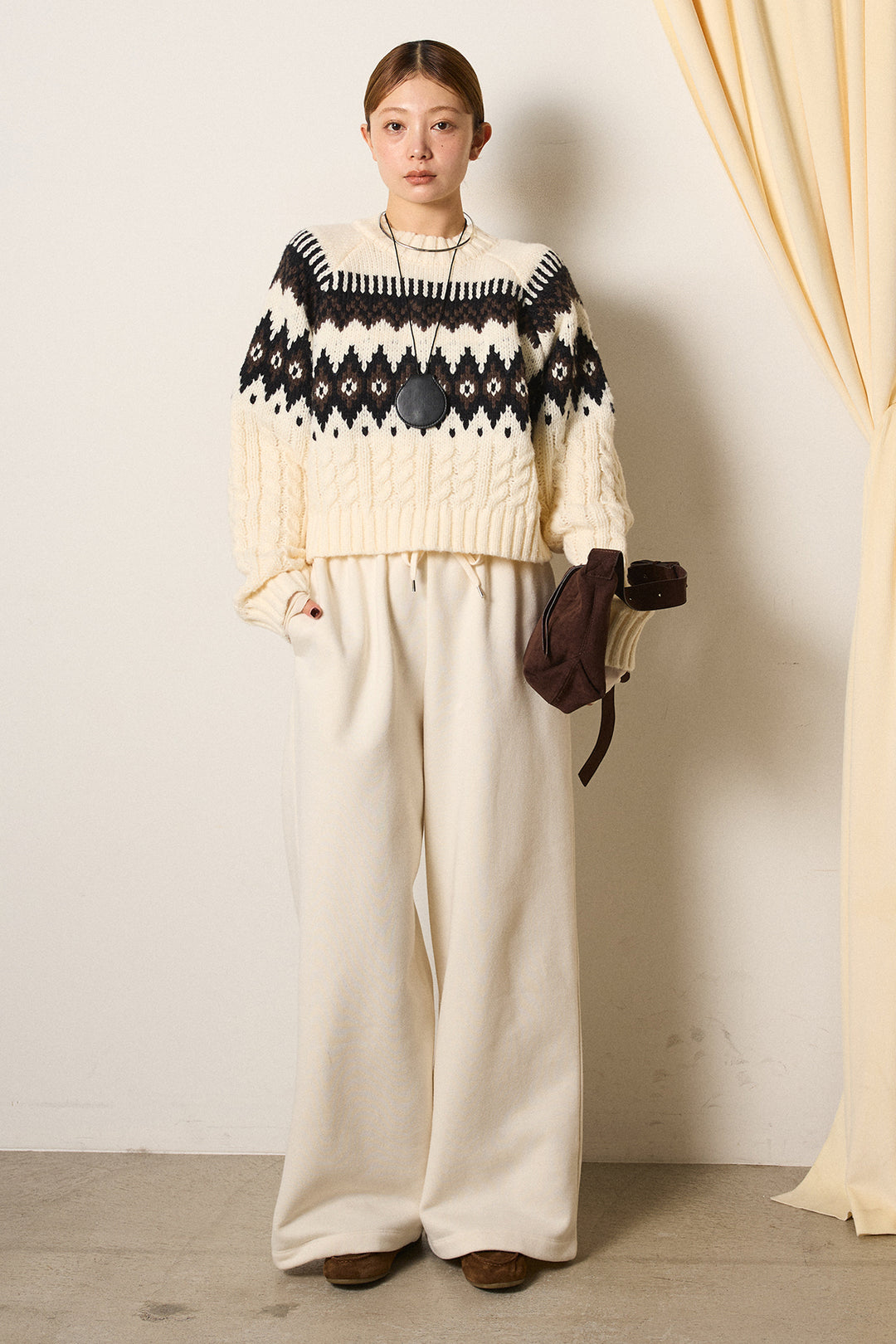 [SET]2WAY求心柄ジャガードショートカーディガン+裏起毛スウェットワイドパンツ+2WAY袖コード刺繍クルーネックプルオーバー(3set)