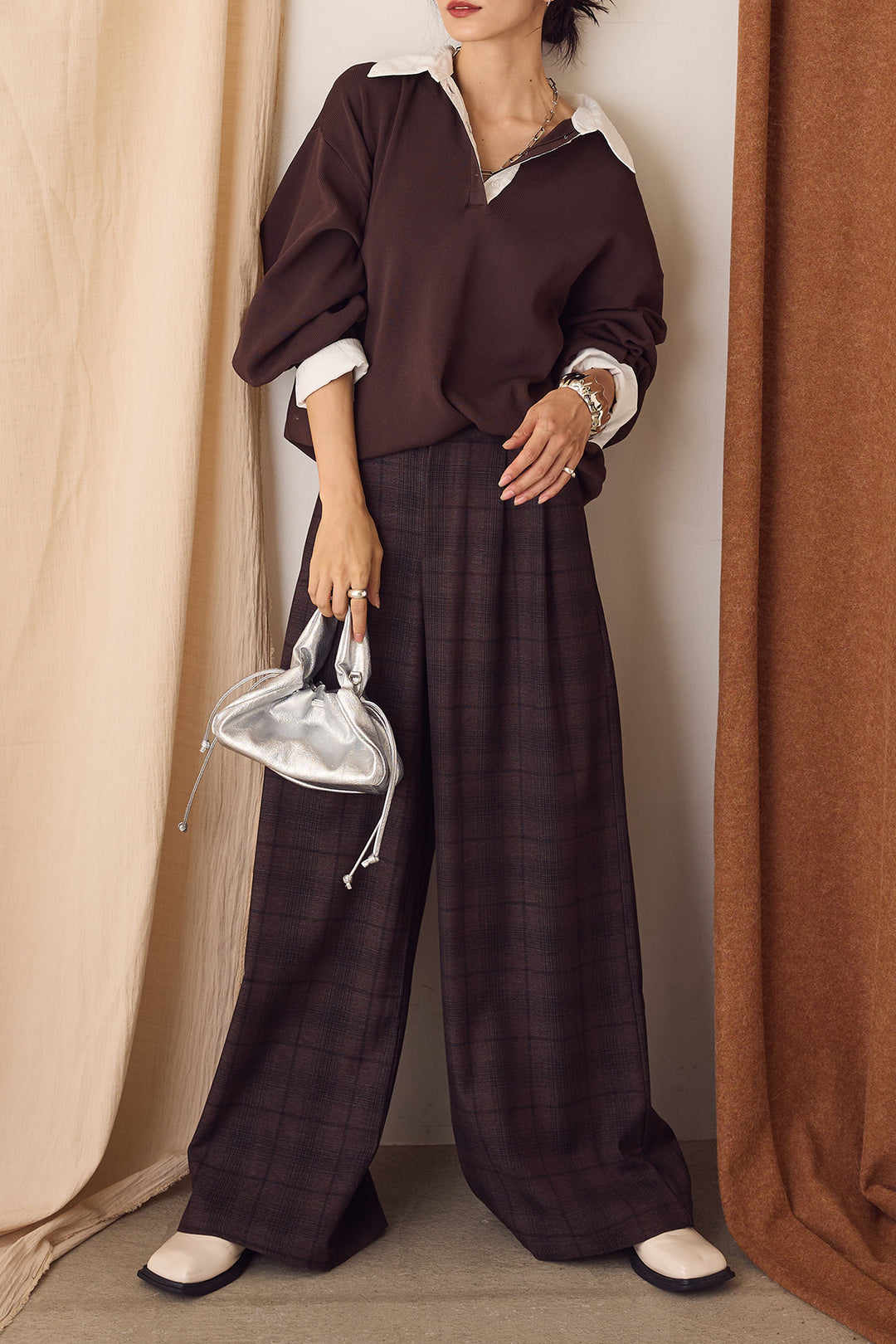 【即納】タック入りタータンチェックワイドパンツ