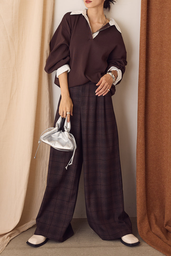 【即納】タック入りタータンチェックワイドパンツ