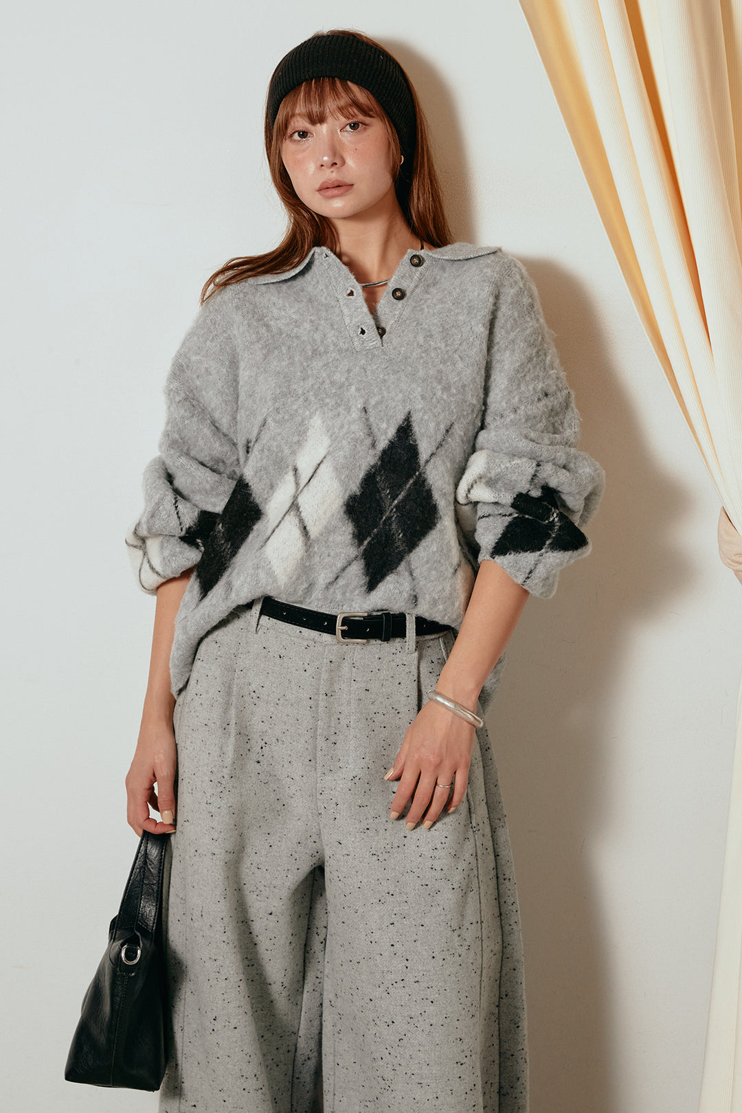 [SET]アーガイル柄ポロニットトップス+ベルト付きネップツイードカーブパンツ(2set)