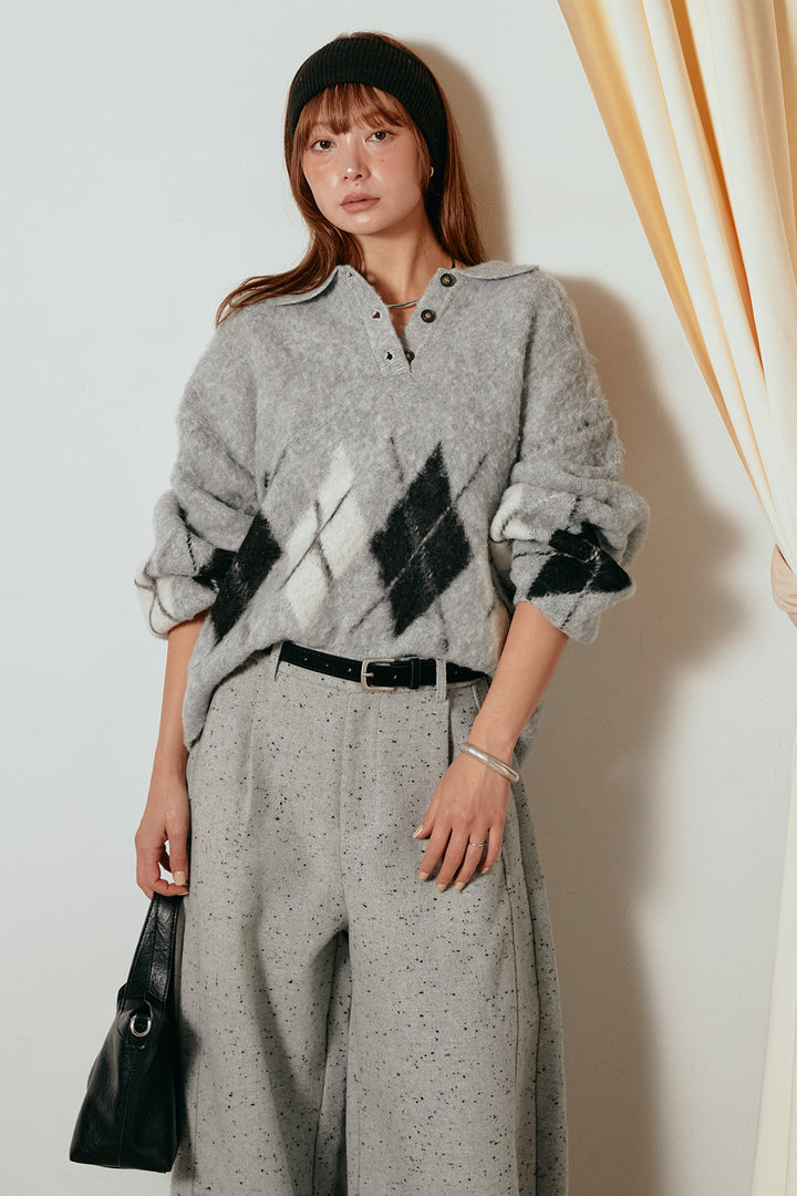 [SET]アーガイル柄ポロニットトップス+ベルト付きネップツイードカーブパンツ(2set)