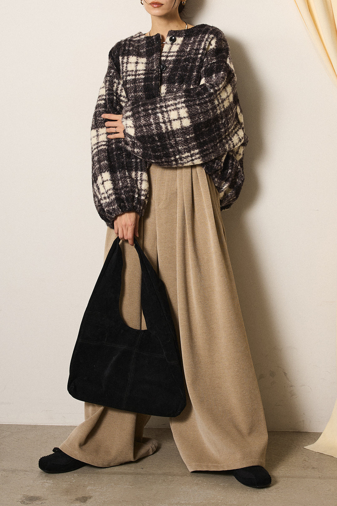 [SET]ノーカラーチェック柄ボアブルゾン+ベルトループコーデュロイワイドパンツ(2set)