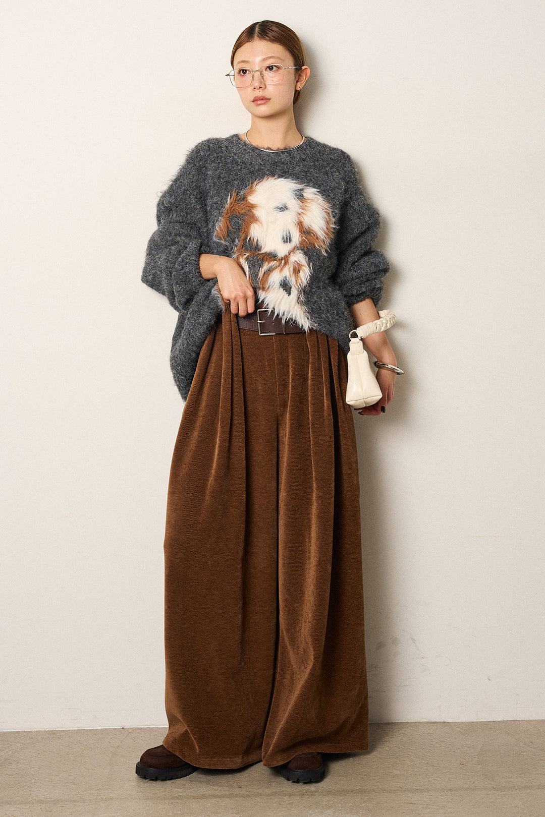 [SET]シャギーニュアンスアニマルニット+ベルトループコーデュロイワイドパンツ(2set)