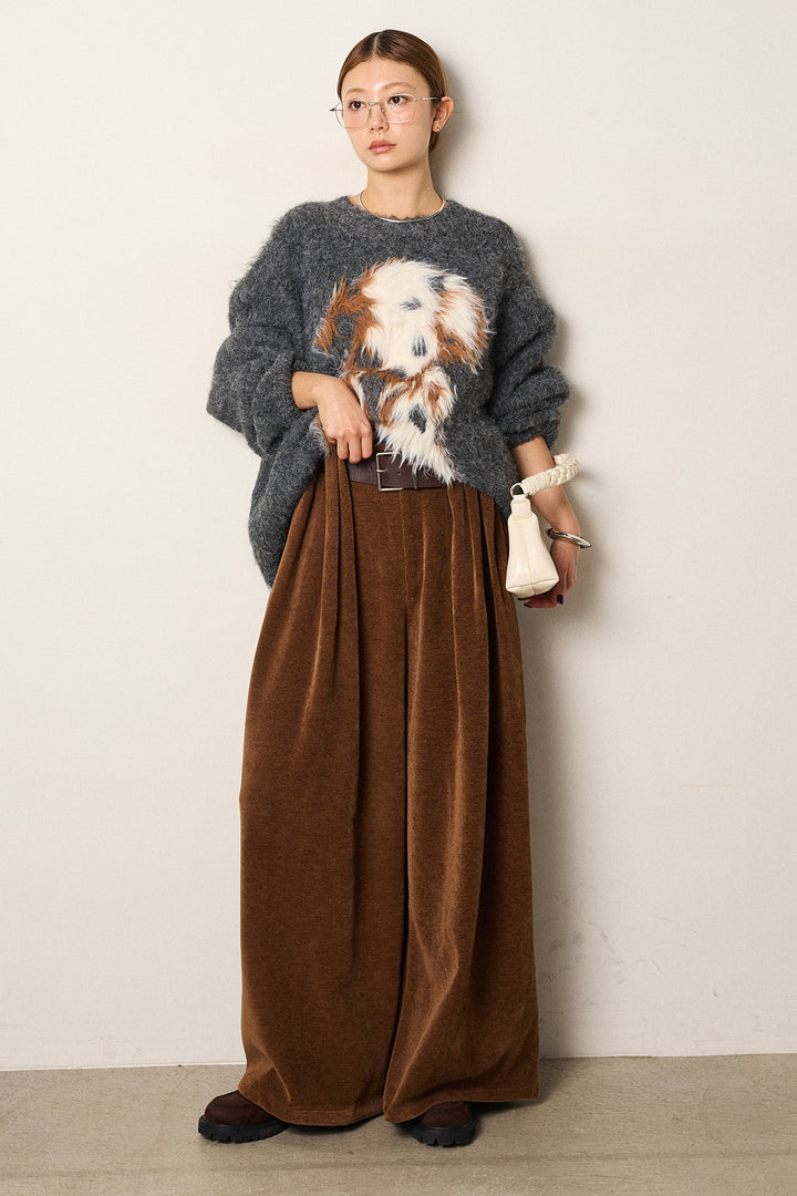 [SET]シャギーニュアンスアニマルニット+ベルトループコーデュロイワイドパンツ(2set)