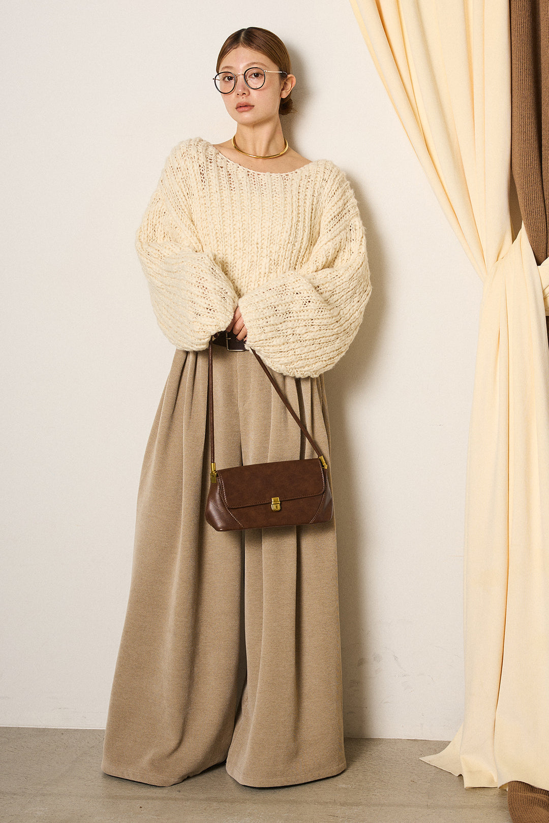 [SET]チャンキースラブニットクロップドプルオーバー+ベルトループコーデュロイワイドパンツ(2set)