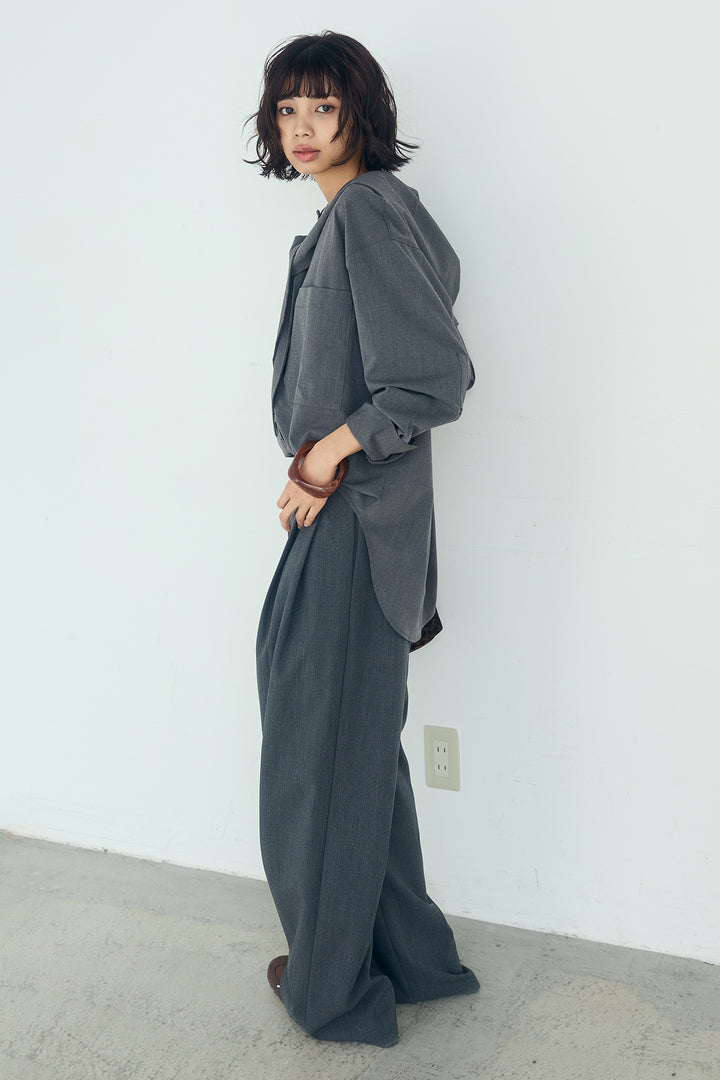 [SET]無地タイ付フーディーBIGシャツ+サイドベルトタック入りスラックス(2set)