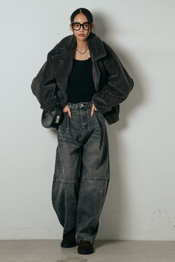 【2月中旬発送】
[SET]テディボアショートジャケット+加工デニムタックコクーンワイドパンツ(2set)