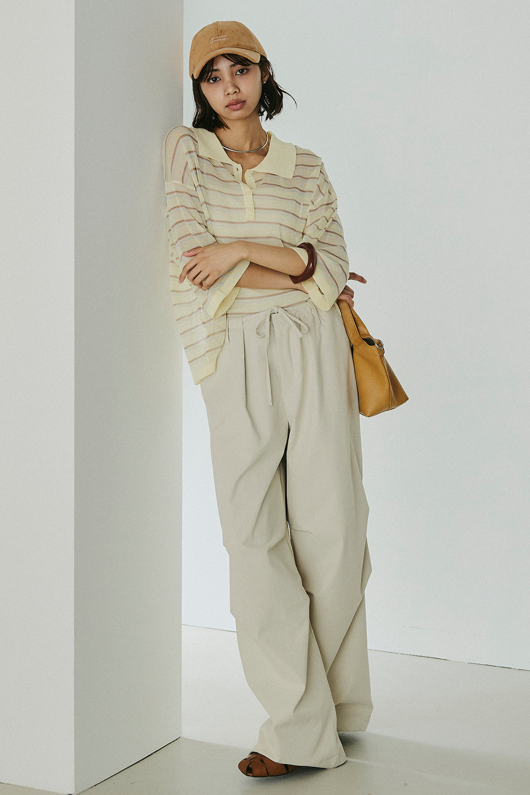 [SET]ボーダーニットポロシャツ+ニーサイドタックウエストドロスパンツ(2set)