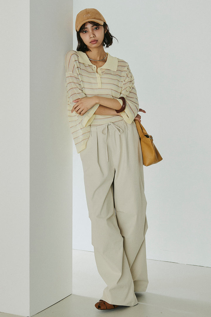 [SET]ボーダーニットポロシャツ+ニーサイドタックウエストドロスパンツ(2set)