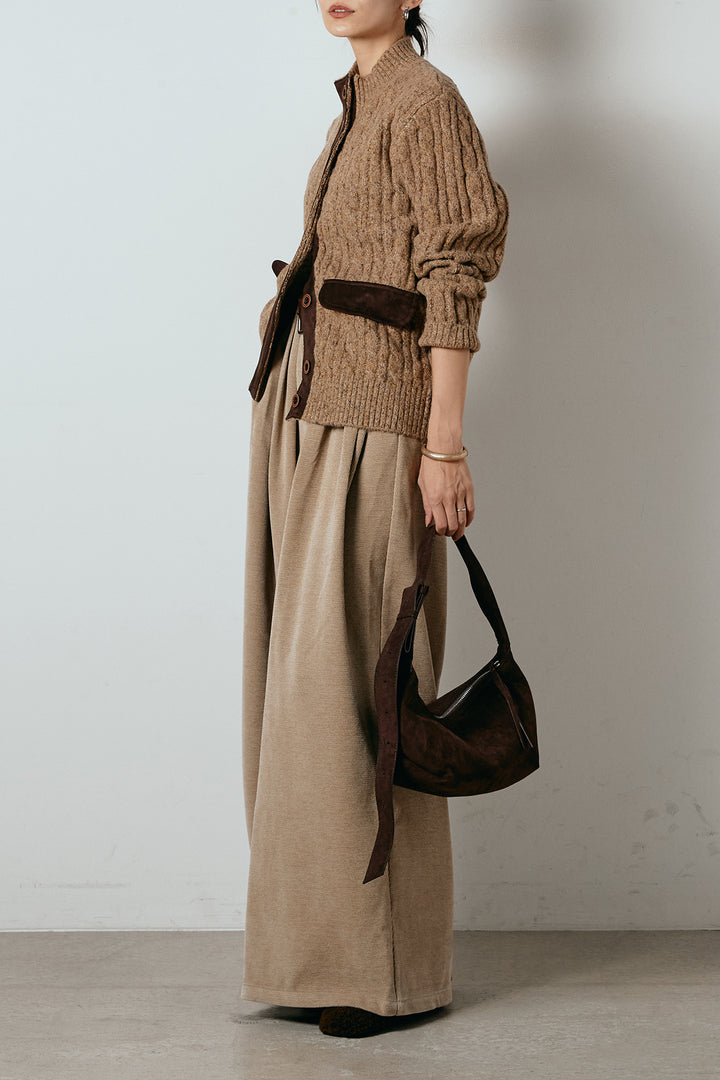 [SET]ボトルネックケーブルニットカーディガン+ベルトループコーデュロイワイドパンツ(2set)