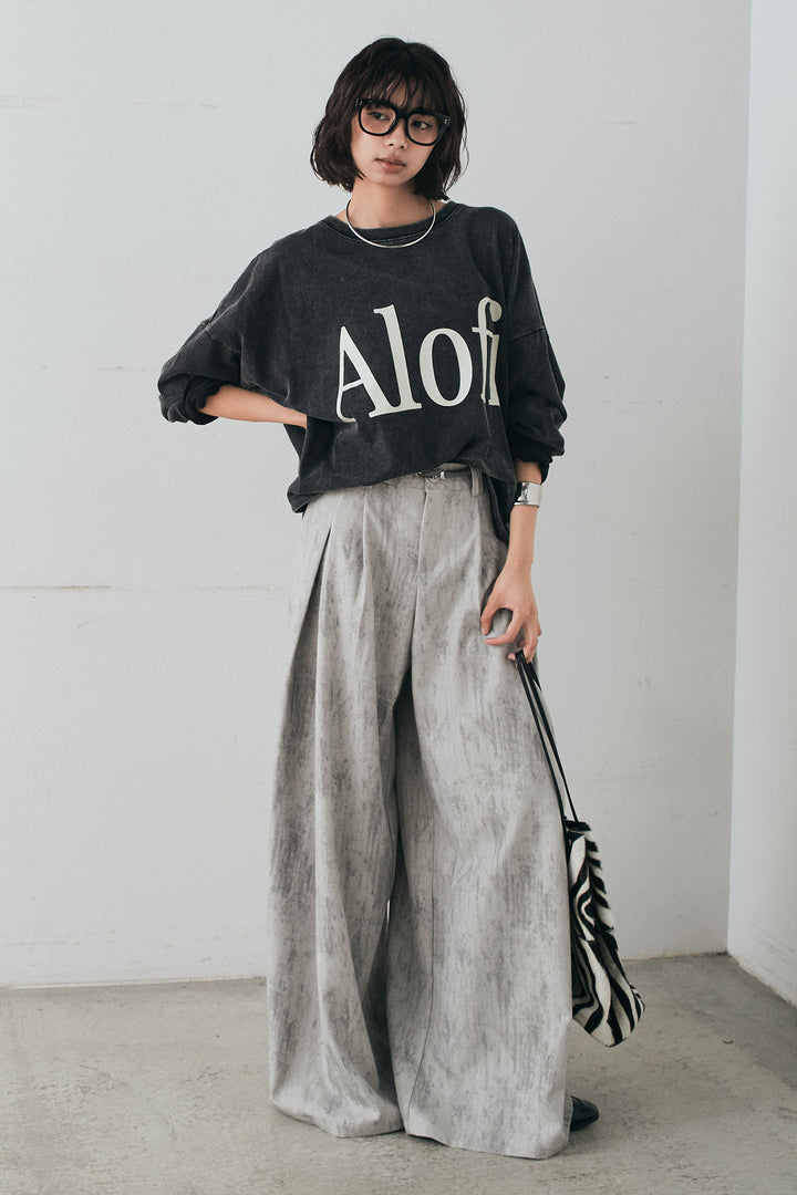 [SET]裾センタードロストロゴプリントワイドTシャツ+紐ベルト付きかすれ柄ワイドスラックス(2set)