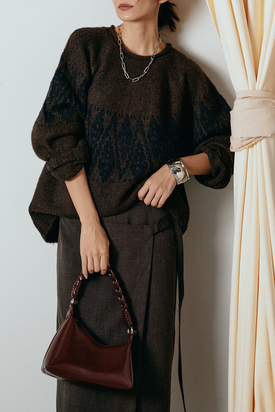 [SET]モノトーン柄ニットトップス+ラップ巻きワイドスラックス(2set)