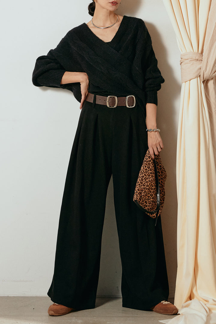 [SET]ケーブルカシュクールニットトップス+フェイクレザー太ベルト付きタックワイドパンツ(2set)
