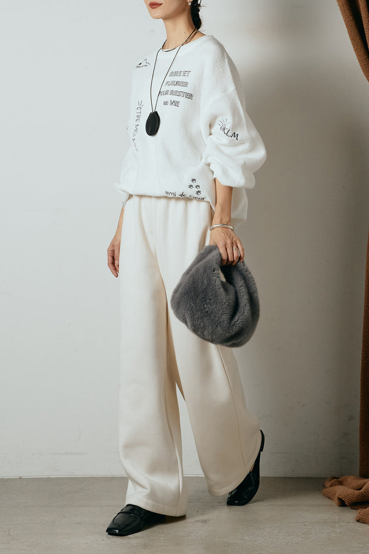 [SET]刺繍ロゴランダムデザインニットトップス+裏起毛スウェットワイドパンツ(2set)