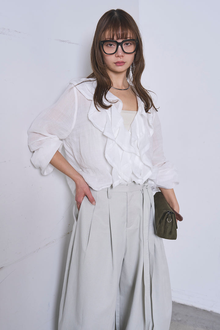 [SET]フリルボタンブラウス+紐ベルト付きカーブワイドパンツ(2set)