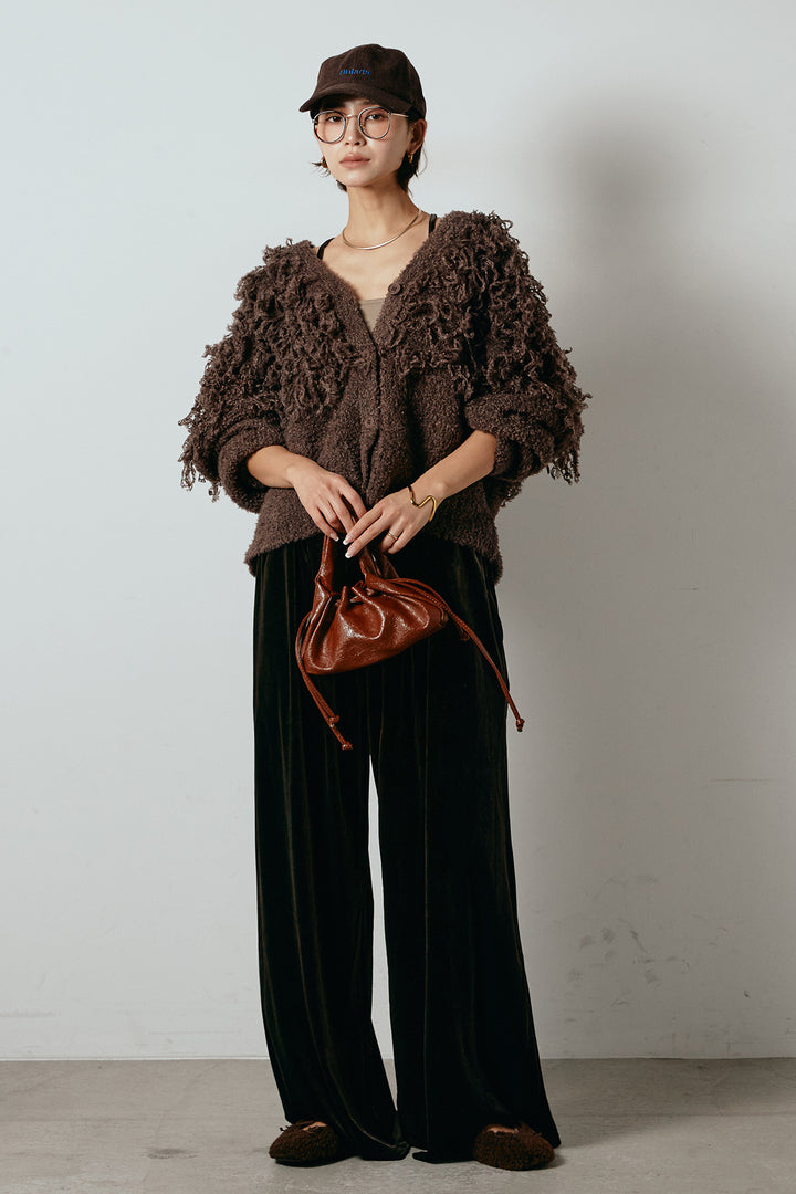 [SET]ループ編みVネックニットカーディガン+ベロアサスペンダー付きパンツ(2set)