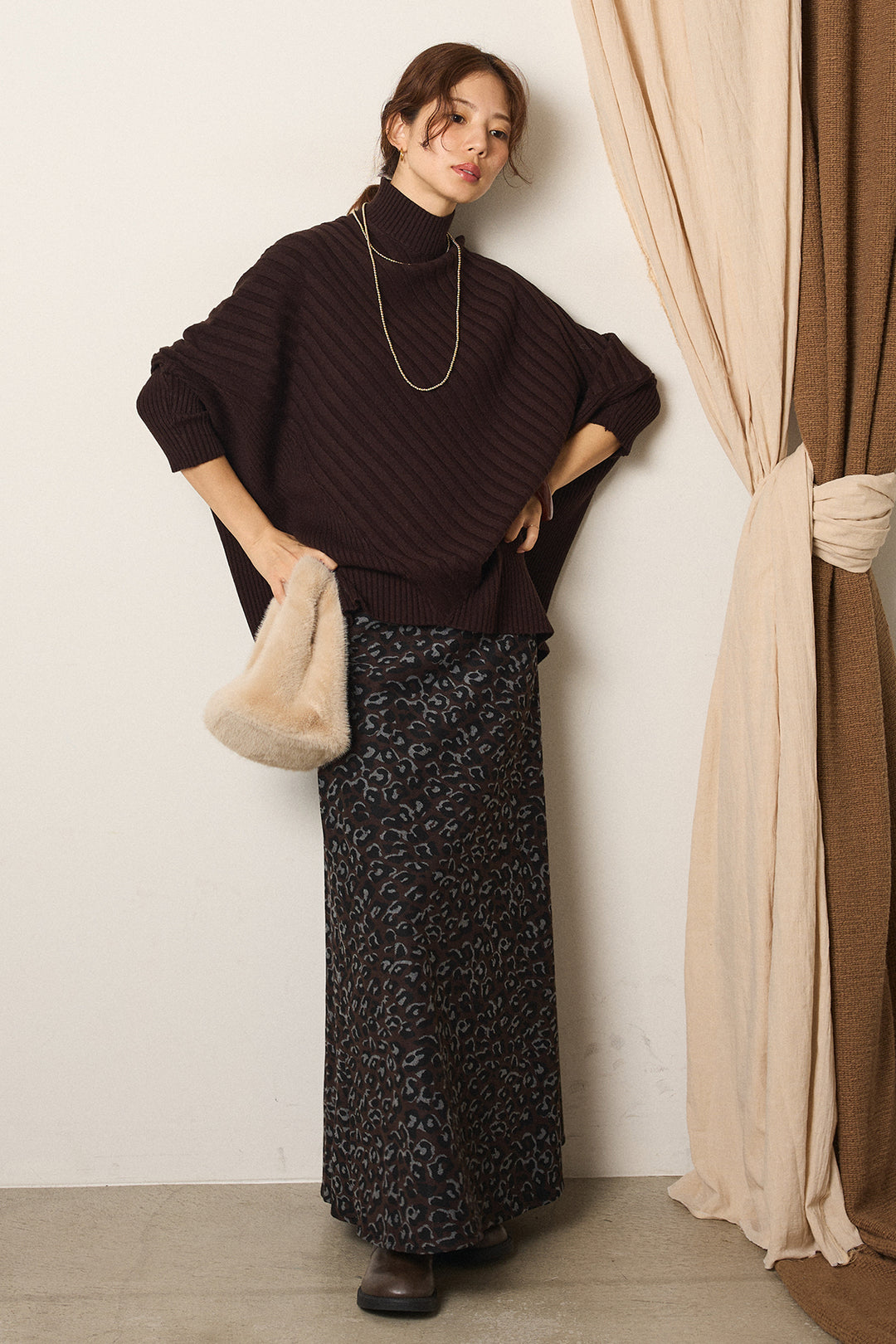 [SET]アシメデザインリブポンチョニットトップス+レオパードロングスカート(2set)