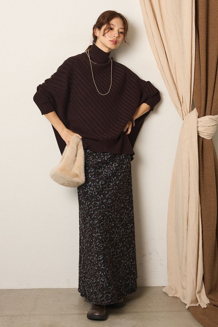 [SET]アシメデザインリブポンチョニットトップス+レオパードロングスカート(2set)