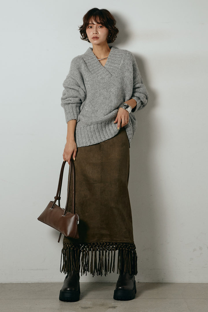 [SET]Vネックラメニットトップス+スウェードライク裾フリンジスカート(2set)