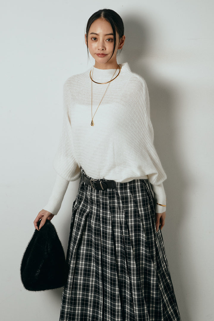 [SET]ポンチョシルエット透かしニットトップス+ベルト付きタータンチェックプリーツスカート(2set)