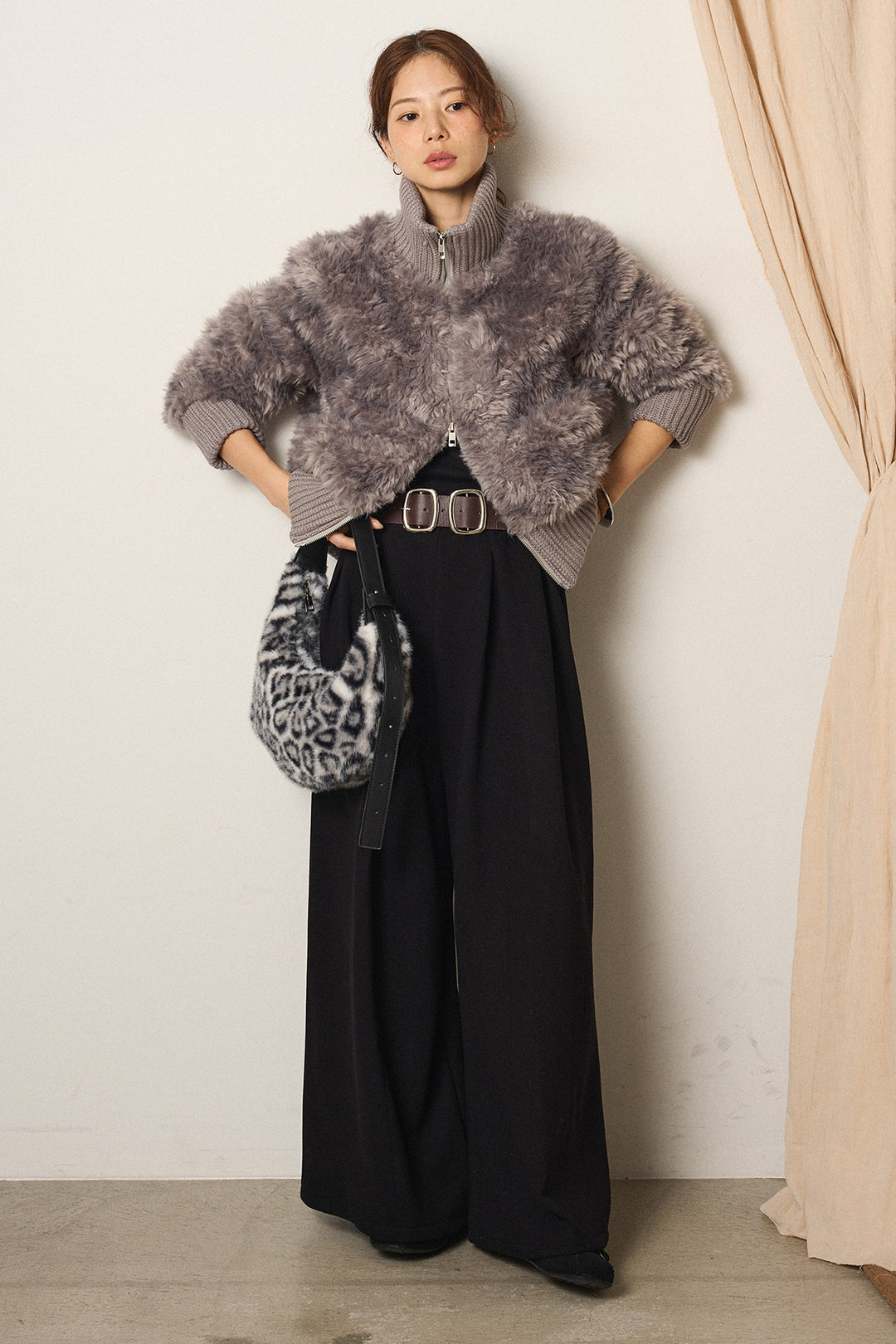 [SET]ハイネックボアブルゾン+フェイクレザー太ベルト付きタックワイドパンツ(2set)