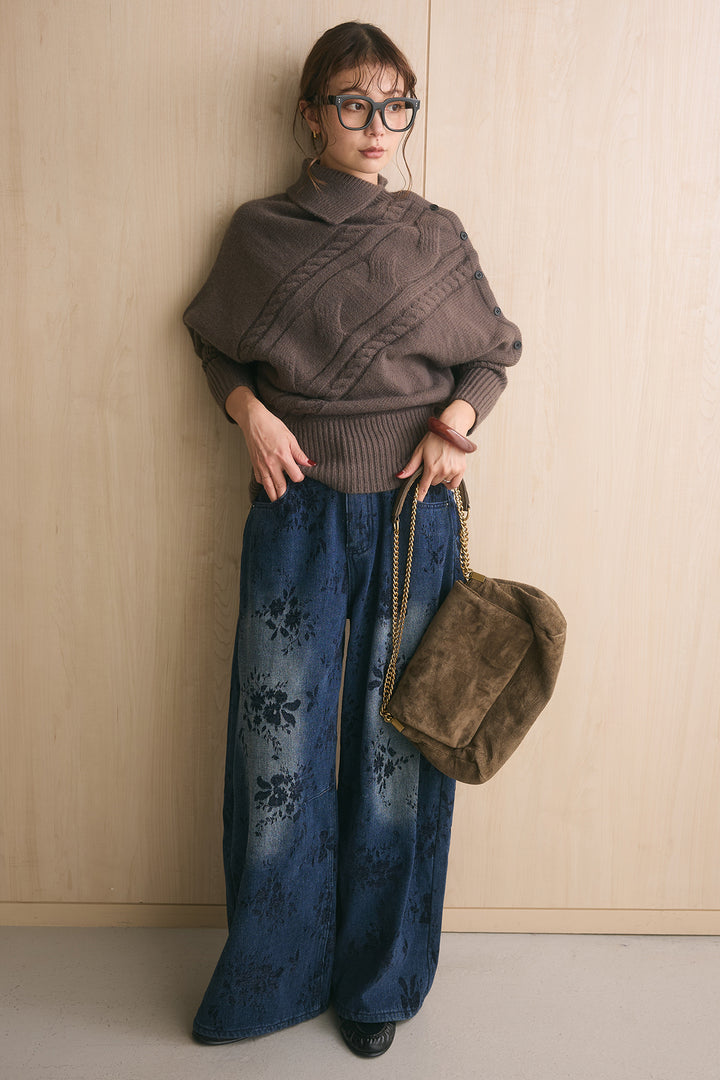 [SET]アシメカラーボタンケーブルニット+フラワーモチーフ刺繍カーブデニム(2set)