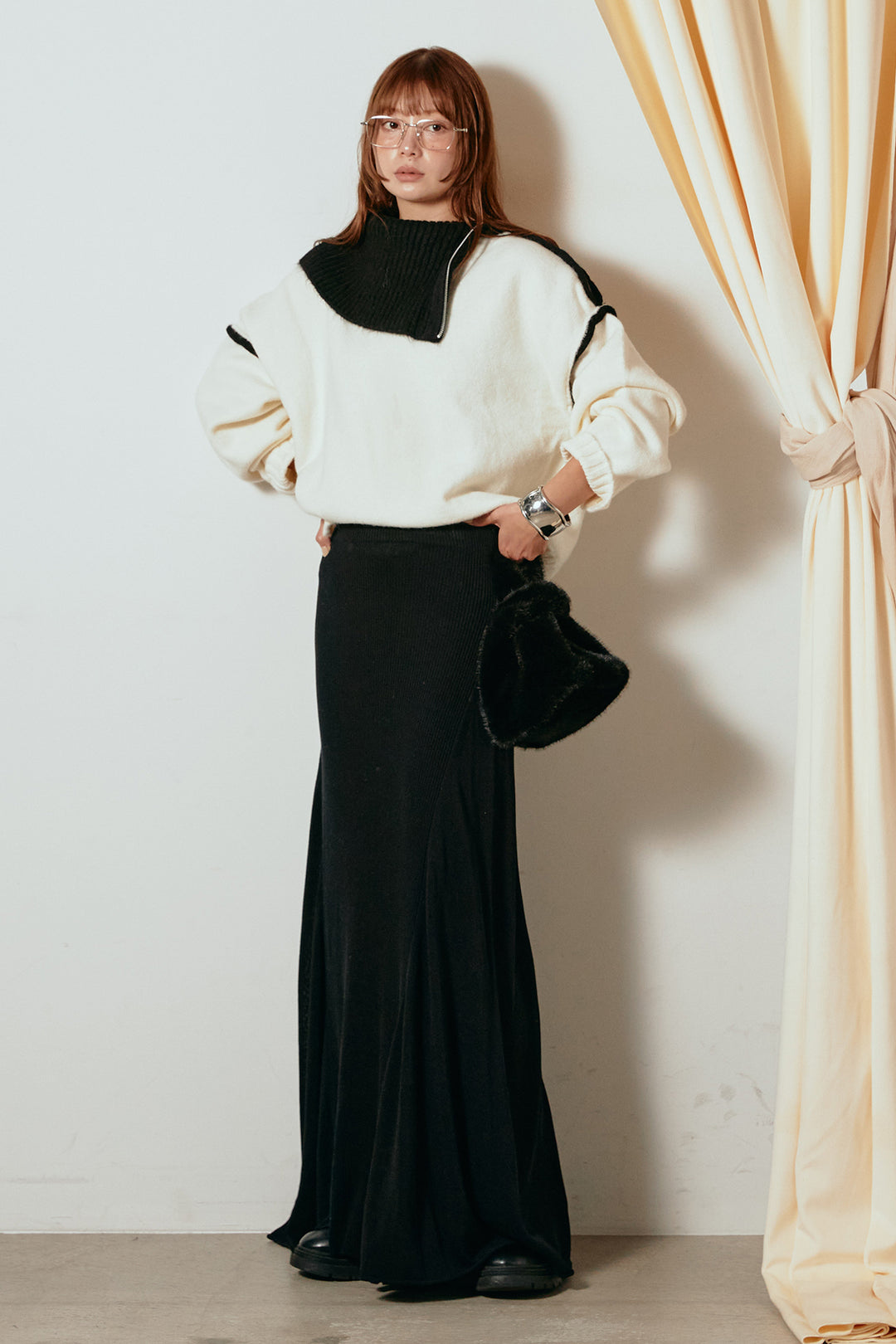 [SET]ハイネックジップデザインニットトップス+サイド切り替えリブニットロングスカート(2set)