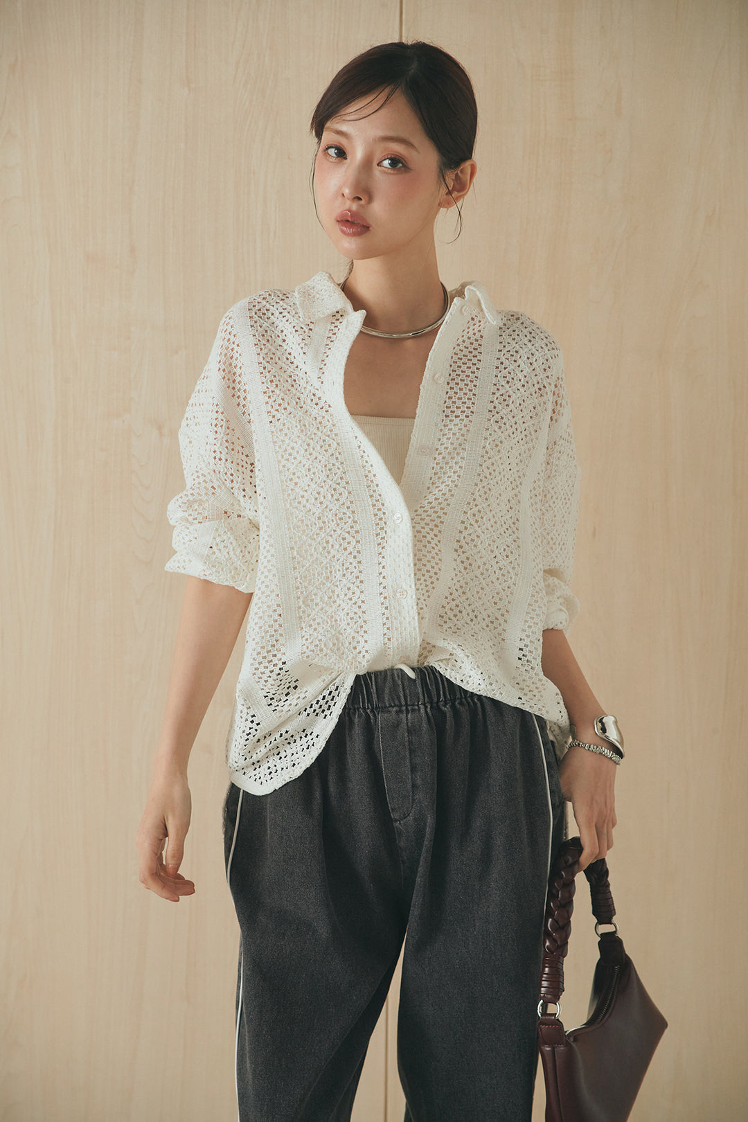 [SET]長袖襟付きレースシャツ+ドロストサイドラインデニムパンツ(2set)