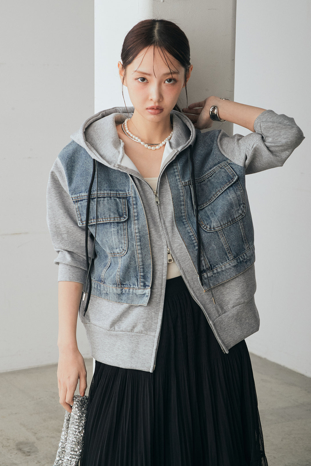 [SET]デニム切替ポンチダブルジップパーカー+ボリュームシルエットチュールスカート(2set)