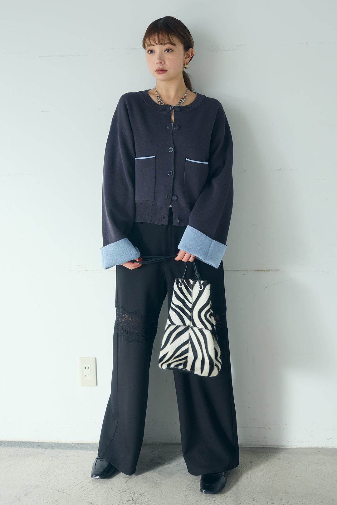 [SET]レーヨンポリダブルフェイスカーディガン+レース刺繍切替ワイドパンツ(2set)