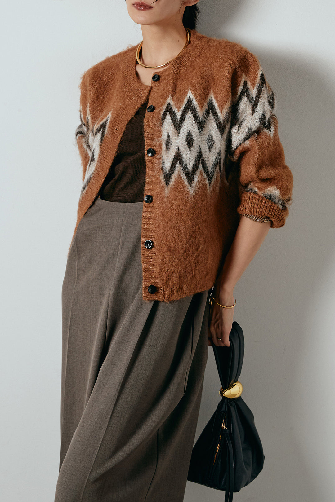 [SET]起毛ノルディック柄ニットカーディガン+ワイドツイルサロペット(2set)