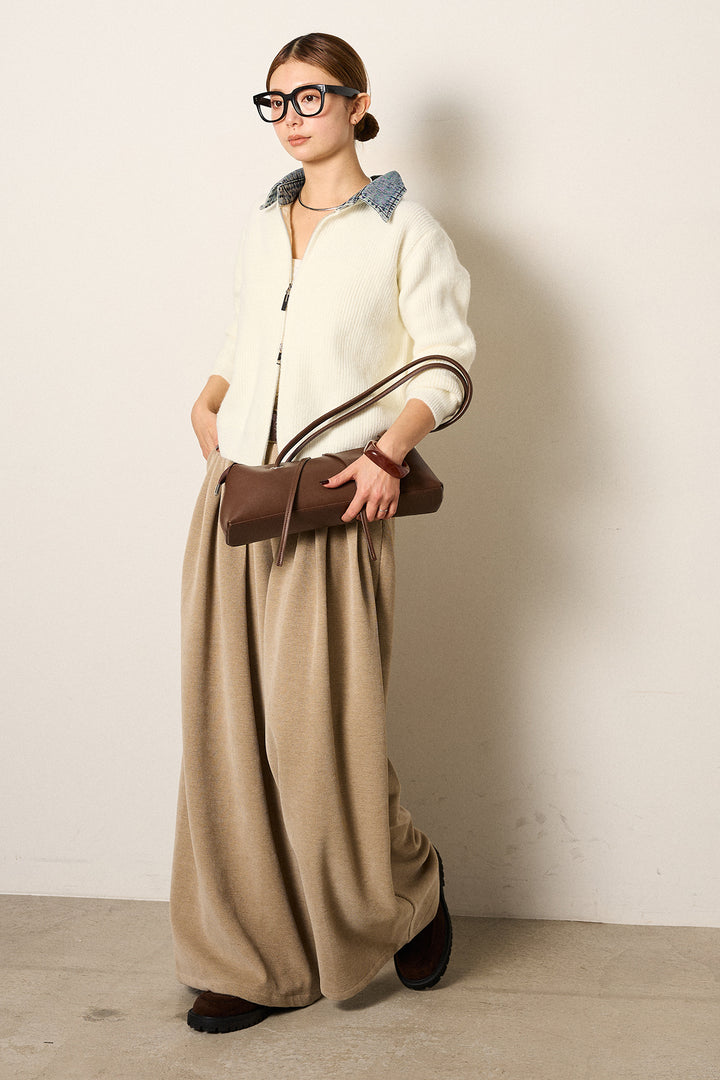 [SET]デニム襟ダブルジップニットトップス+ベルトループコーデュロイワイドパンツ(2set)