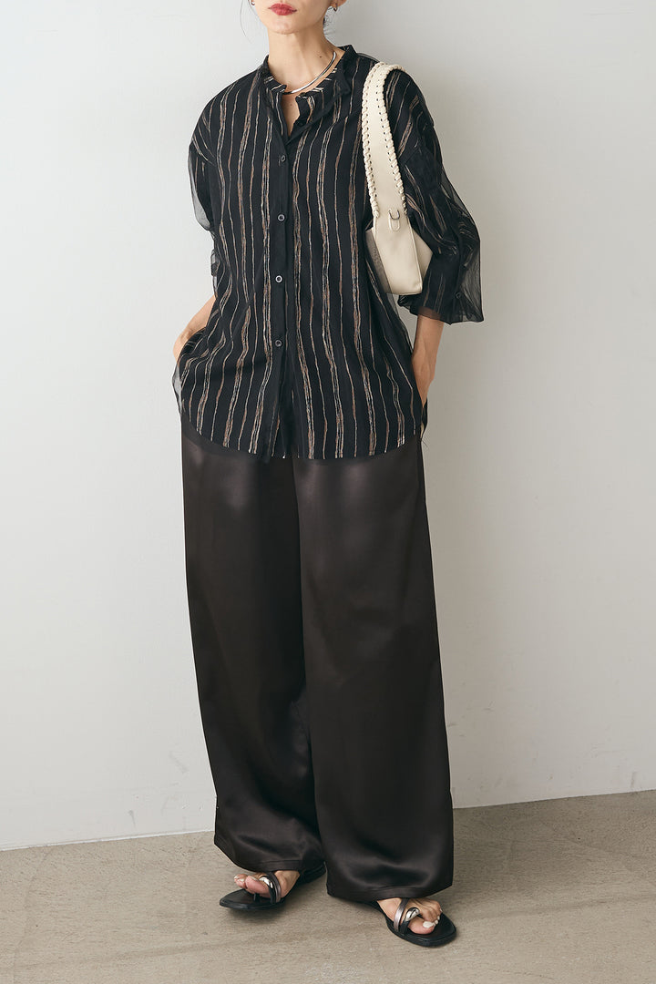 [SET]バンドカラー手書き風ライン柄シャツ+バンドカラー重ねシアーシャツ+サテンサイドラインパンツ(3set)