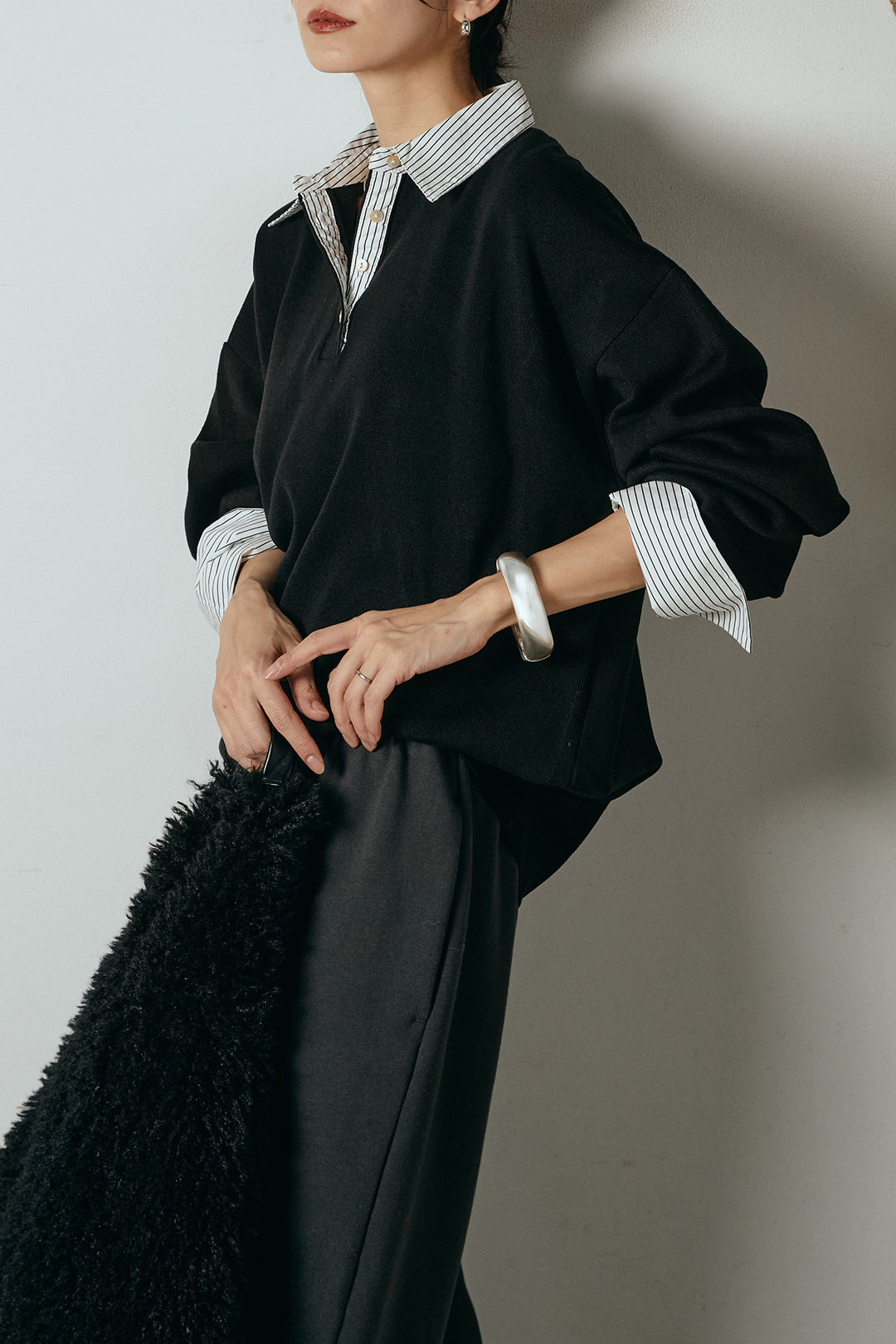 [SET]ストライプシャツドッキングポロトップス+裏起毛スウェットワイドパンツ(2set)