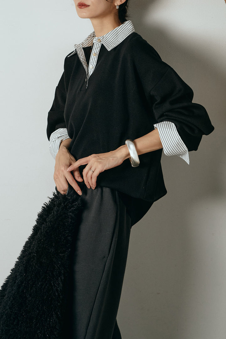 [SET]ストライプシャツドッキングポロトップス+裏起毛スウェットワイドパンツ(2set)